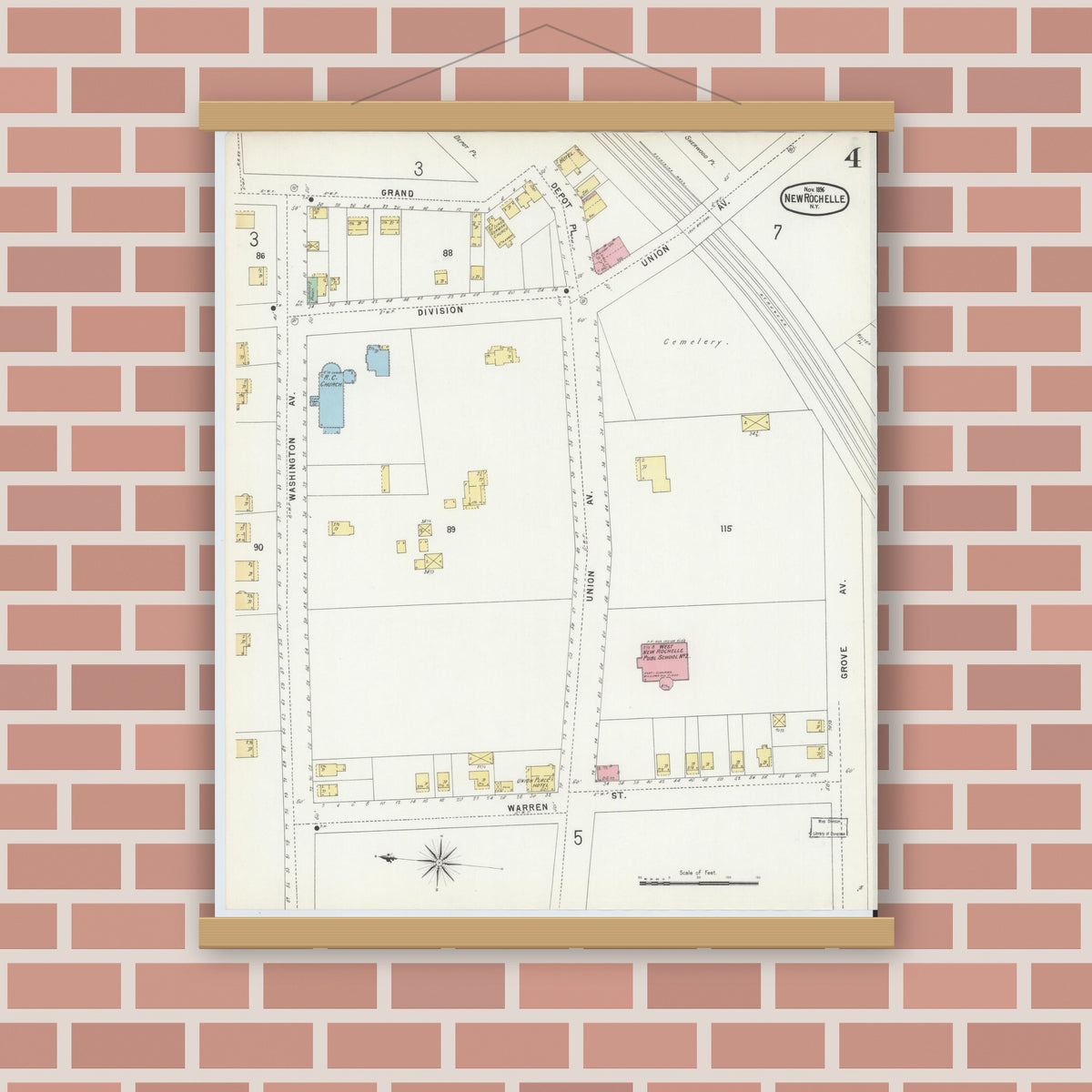 Old map wall art mockup — magnetic wood frame on brick wall — Sanborn Fire Insurance Map from New Rochelle, Westchester County, New York (1896), Sheet #0004