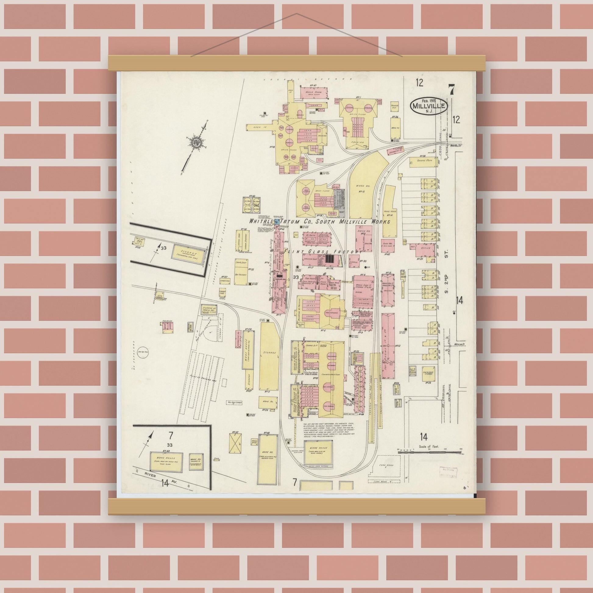 Old map wall art mockup — magnetic wood frame on brick wall — Sanborn Fire Insurance Map from Millville, Cumberland County, New Jersey (1915), Sheet #0007