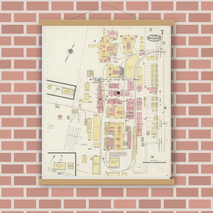 Old map wall art mockup — magnetic wood frame on brick wall — Sanborn Fire Insurance Map from Millville, Cumberland County, New Jersey (1915), Sheet #0007