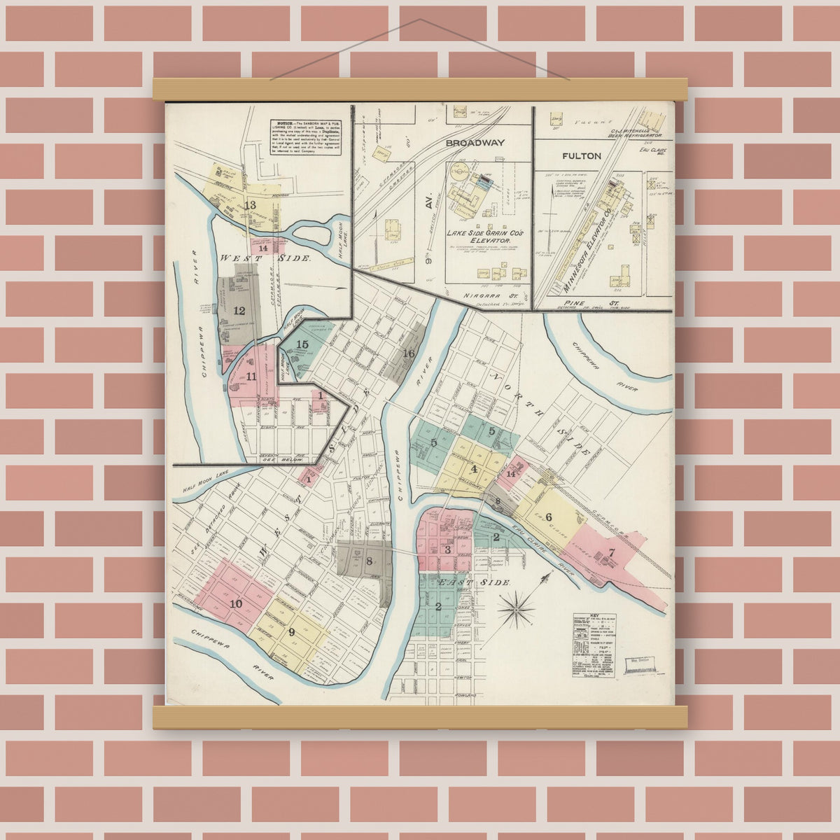 Old map wall art mockup — magnetic wood frame on brick wall — Sanborn Fire Insurance Map from Eau Claire, Eau Claire County, Wisconsin (1883) - Complete Map Set
