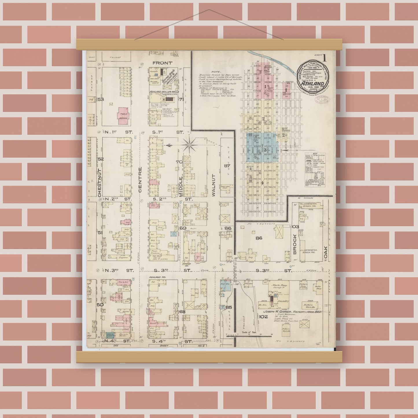 Old map wall art mockup — magnetic wood frame on brick wall — Sanborn Fire Insurance Map from Ashland, Schuylkill County, Pennsylvania (1885) - Complete Map Set