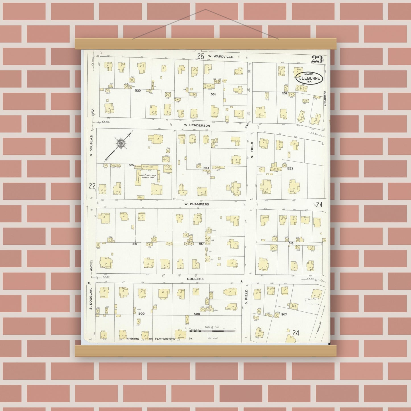 Old map wall art mockup — magnetic wood frame on brick wall — Sanborn Fire Insurance Map from Cleburne, Johnson County, Texas (1910), Sheet #0023