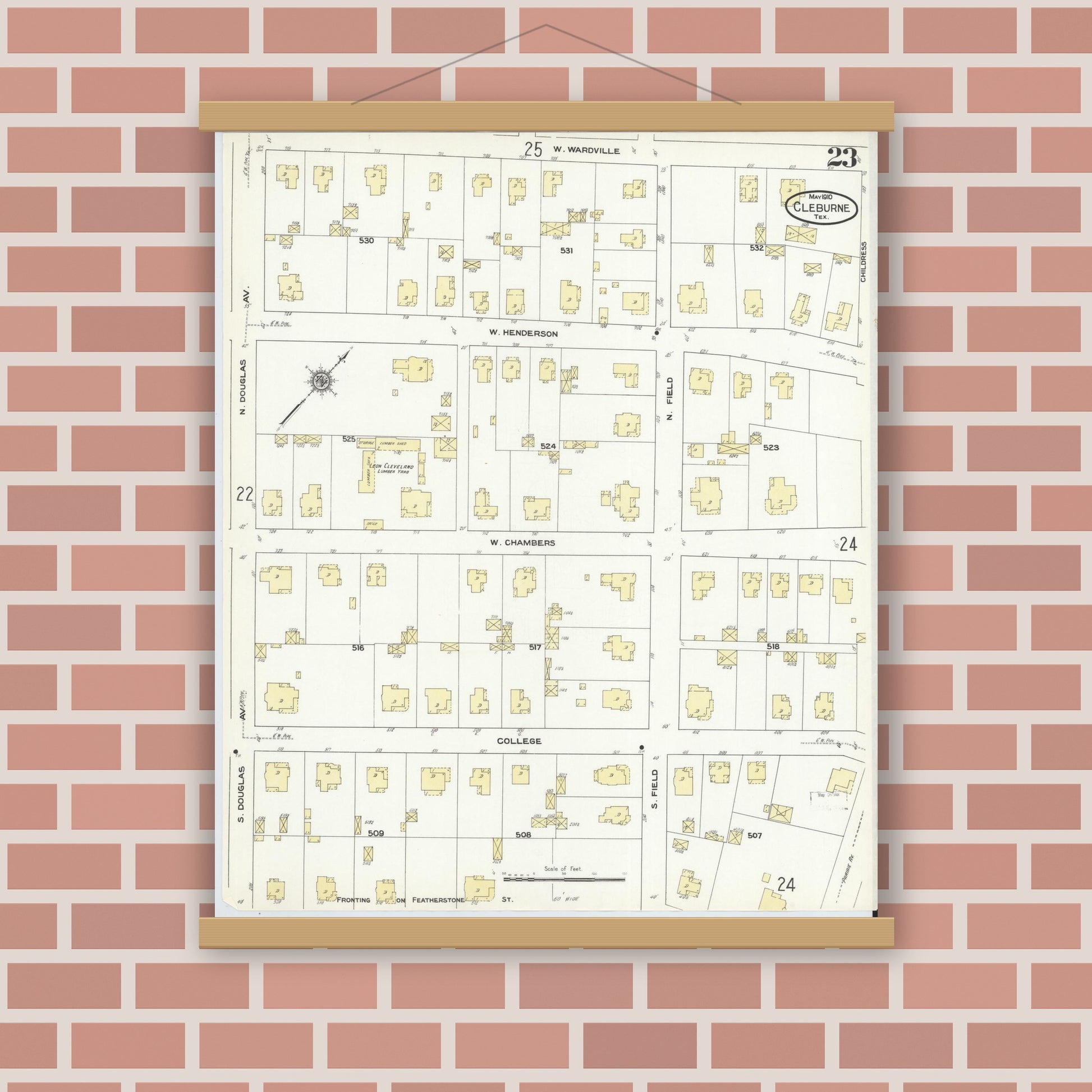 Old map wall art mockup — magnetic wood frame on brick wall — Sanborn Fire Insurance Map from Cleburne, Johnson County, Texas (1910), Sheet #0023