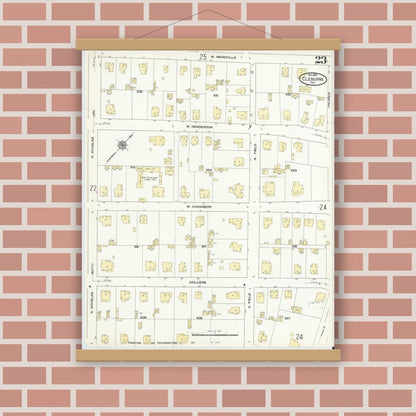 Old map wall art mockup — magnetic wood frame on brick wall — Sanborn Fire Insurance Map from Cleburne, Johnson County, Texas (1910), Sheet #0023