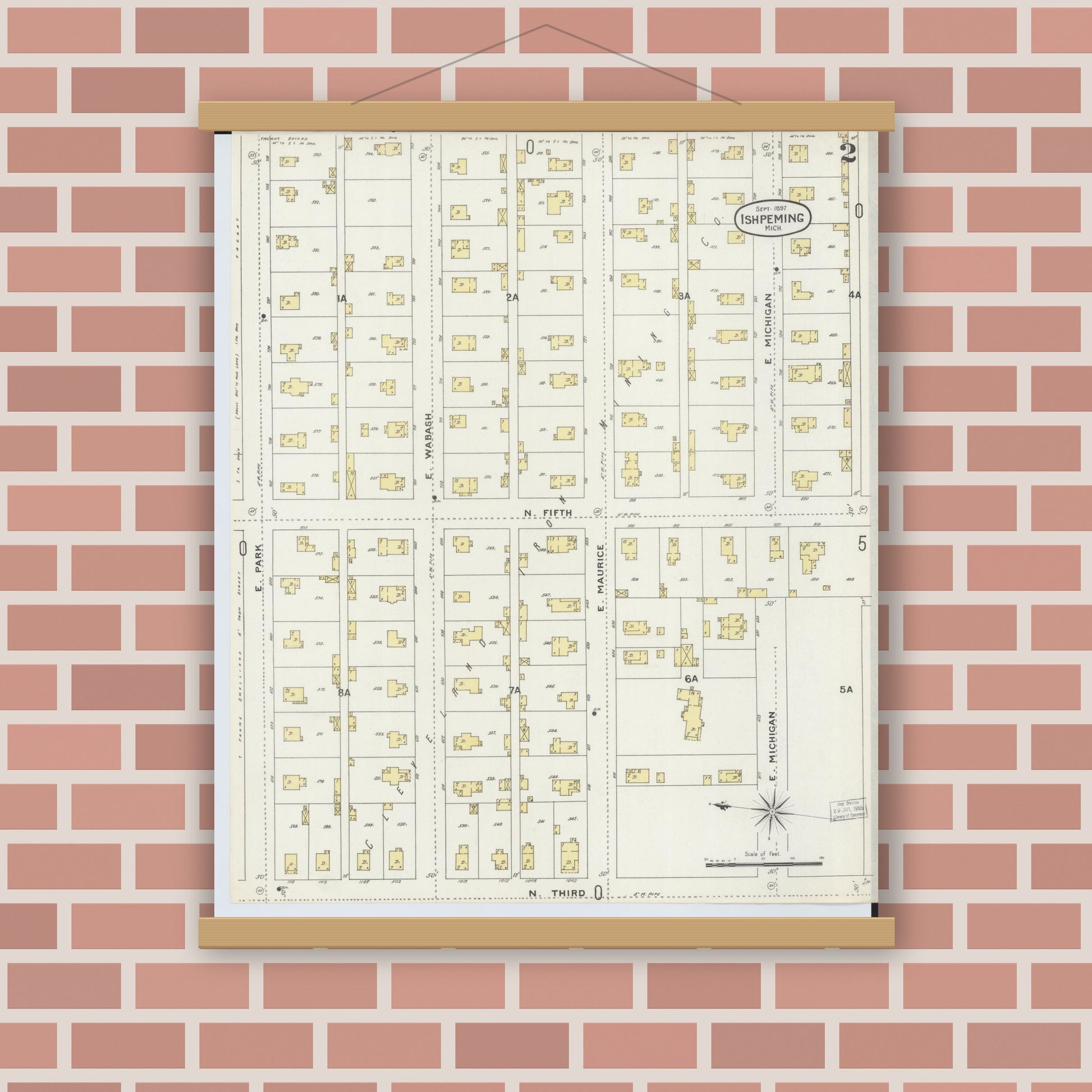 Old map wall art mockup — magnetic wood frame on brick wall — Sanborn Fire Insurance Map from Ishpeming, Marquette County, Michigan (1897), Sheet #0002