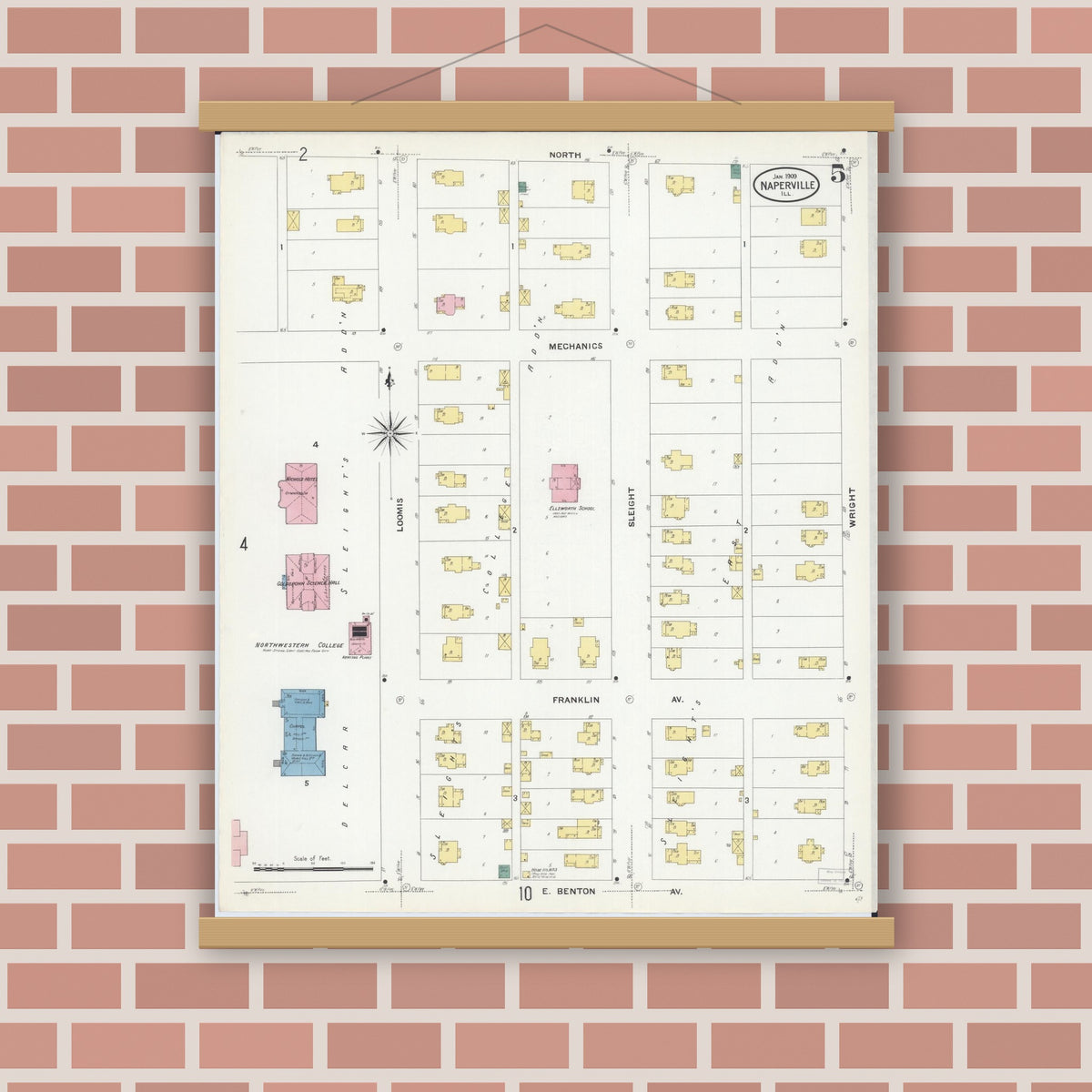 Old map wall art mockup — magnetic wood frame on brick wall — Sanborn Fire Insurance Map from Naperville, Du Page County, Illinois (1909), Sheet #0005
