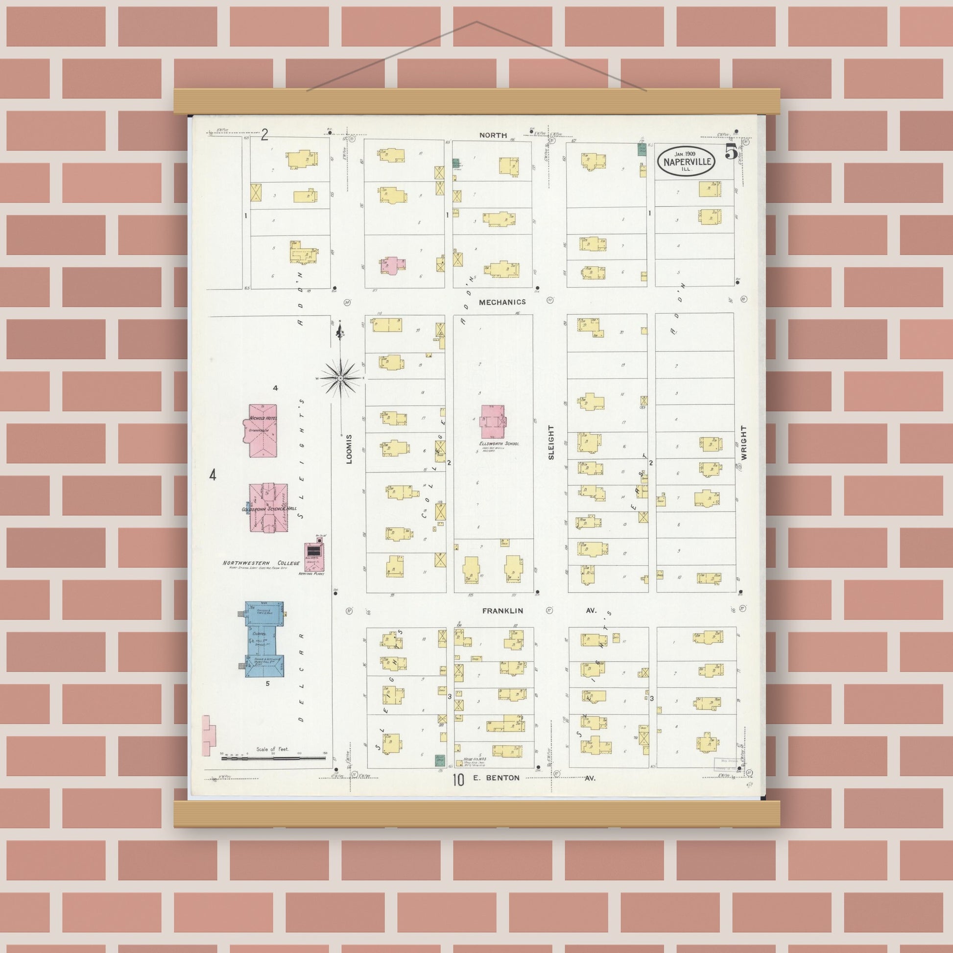 Old map wall art mockup — magnetic wood frame on brick wall — Sanborn Fire Insurance Map from Naperville, Du Page County, Illinois (1909), Sheet #0005