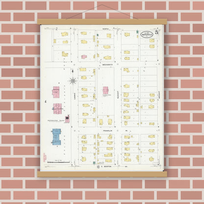 Old map wall art mockup — magnetic wood frame on brick wall — Sanborn Fire Insurance Map from Naperville, Du Page County, Illinois (1909), Sheet #0005