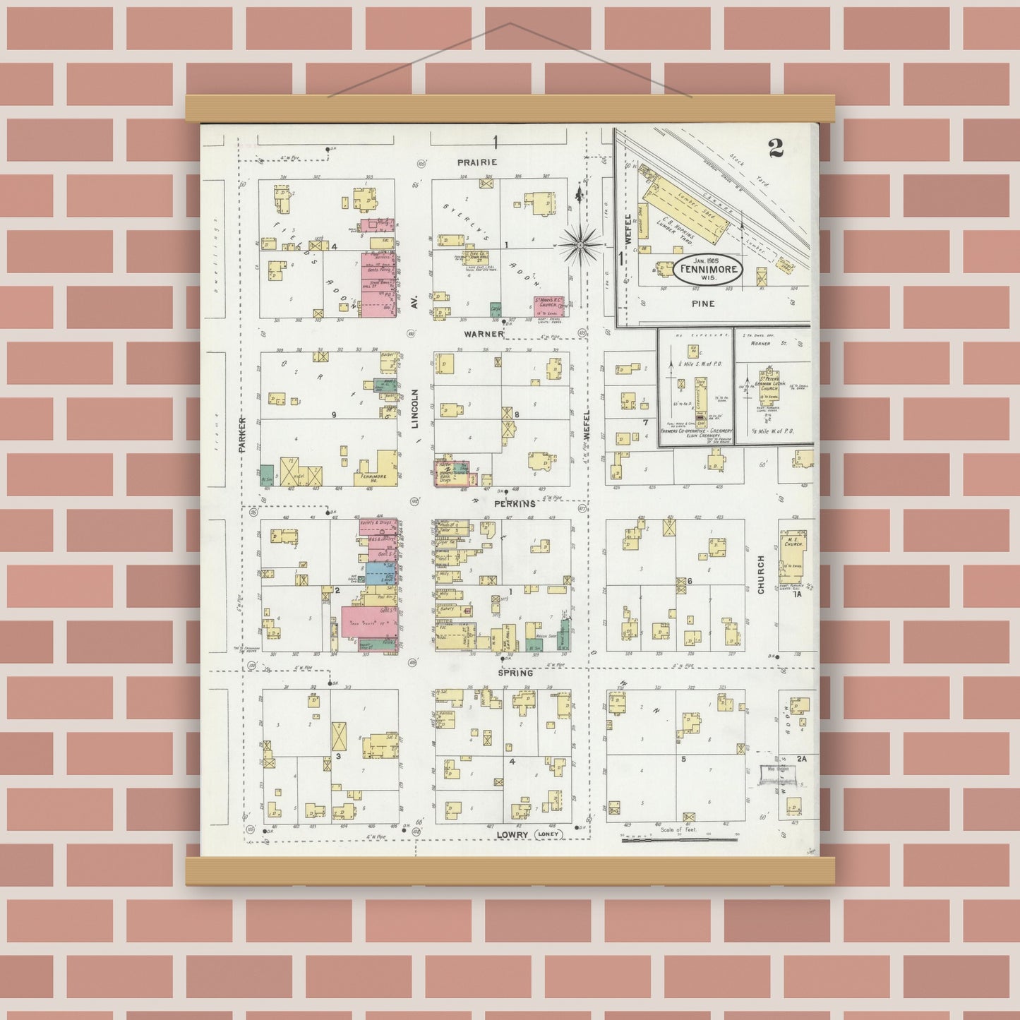 Old map wall art mockup — magnetic wood frame on brick wall — Sanborn Fire Insurance Map from Fennimore, Grant County, Wisconsin (1905), Sheet #0002