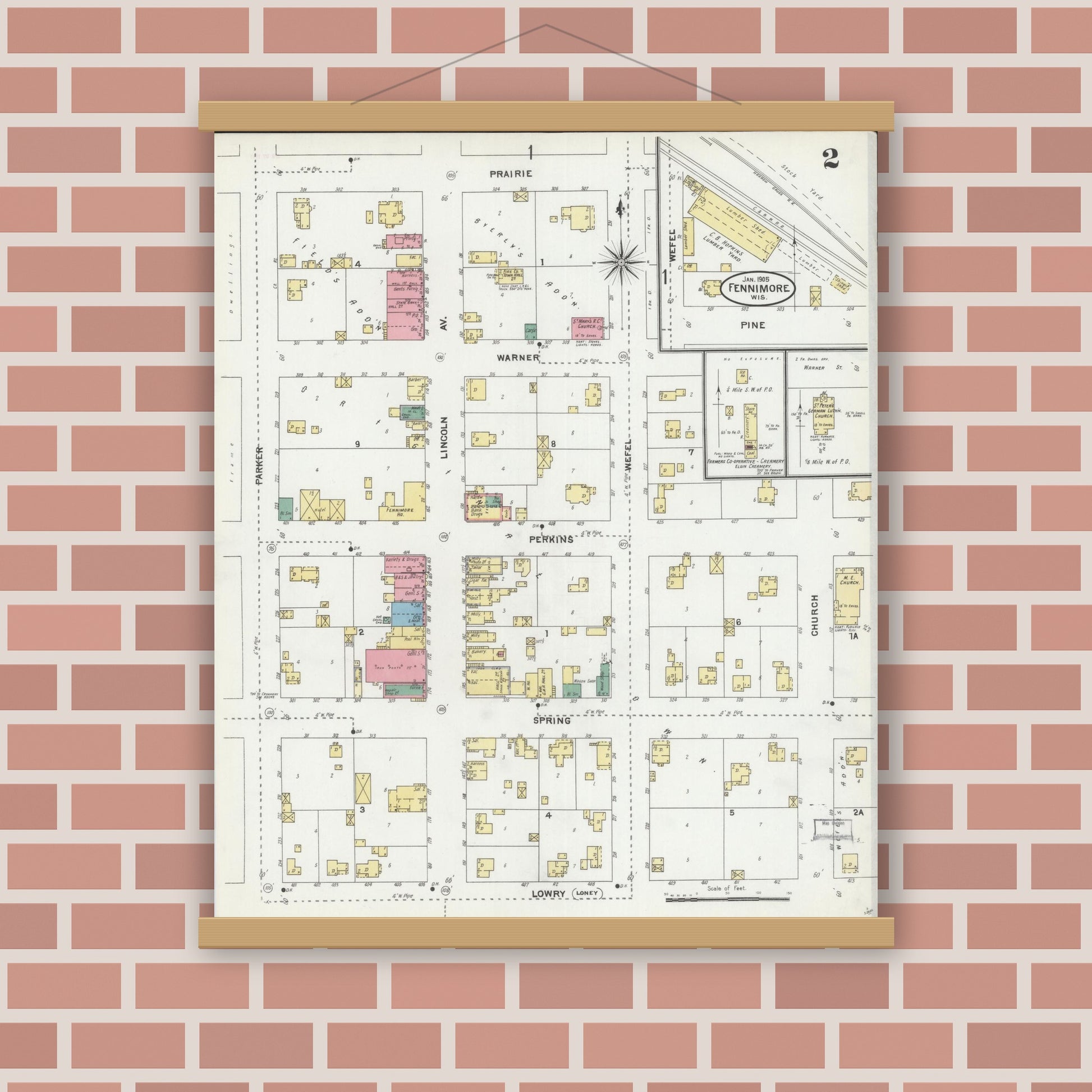 Old map wall art mockup — magnetic wood frame on brick wall — Sanborn Fire Insurance Map from Fennimore, Grant County, Wisconsin (1905), Sheet #0002