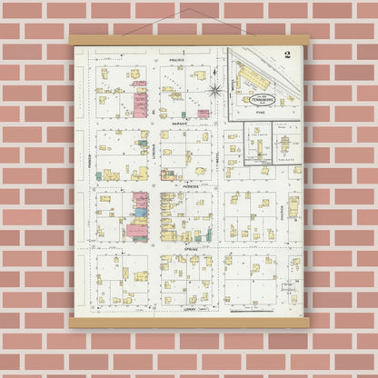Old map wall art mockup — magnetic wood frame on brick wall — Sanborn Fire Insurance Map from Fennimore, Grant County, Wisconsin (1905), Sheet #0002