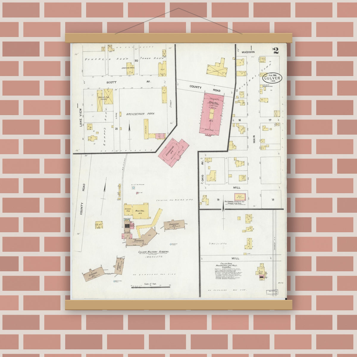 Old map wall art mockup — magnetic wood frame on brick wall — Sanborn Fire Insurance Map from Culver, Marshall County, Indiana (1906), Sheet #0002