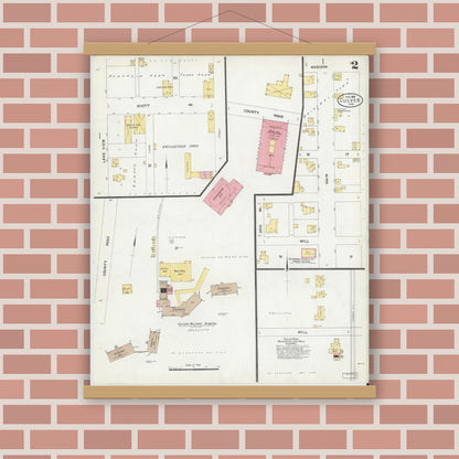 Old map wall art mockup — magnetic wood frame on brick wall — Sanborn Fire Insurance Map from Culver, Marshall County, Indiana (1906), Sheet #0002