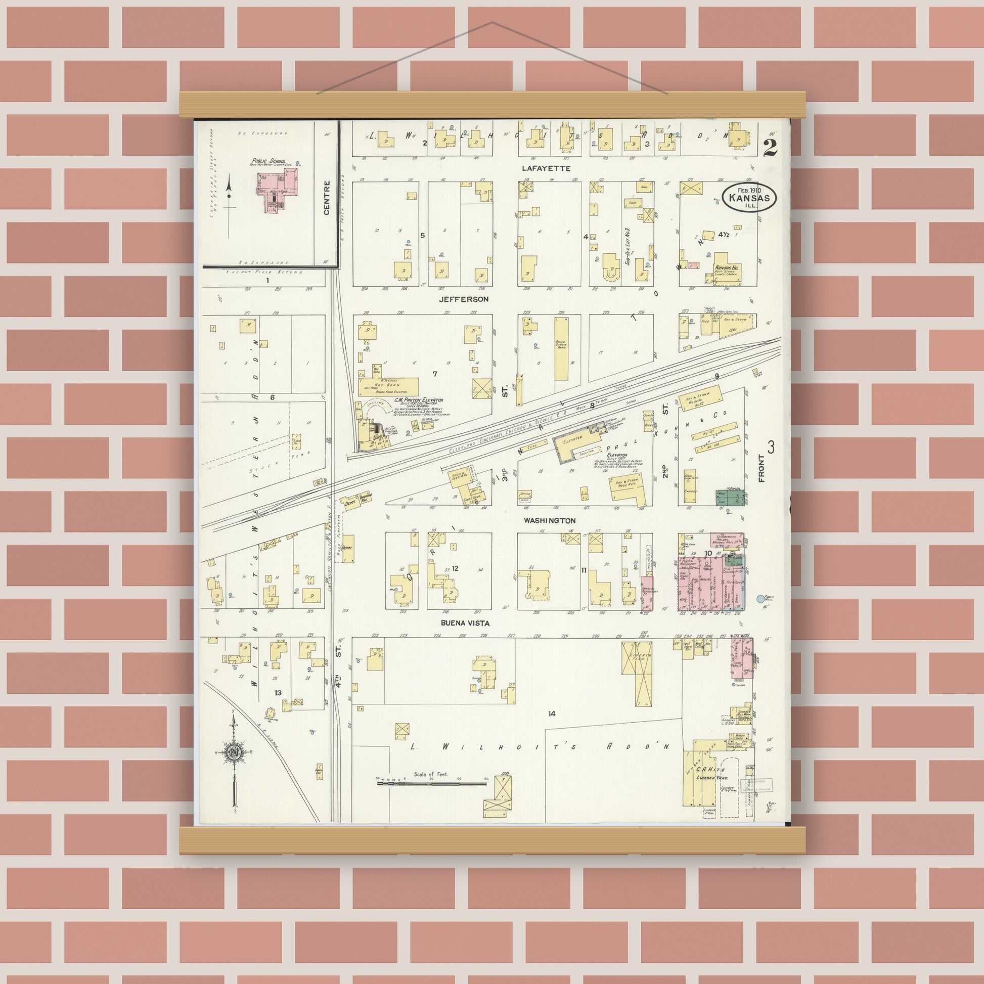 Old map wall art mockup — magnetic wood frame on brick wall — Sanborn Fire Insurance Map from Kansas, Edgar County, Illinois (1910), Sheet #0002