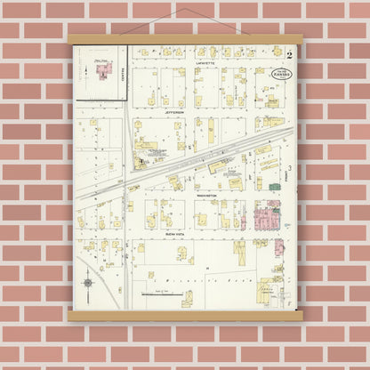 Old map wall art mockup — magnetic wood frame on brick wall — Sanborn Fire Insurance Map from Kansas, Edgar County, Illinois (1910), Sheet #0002