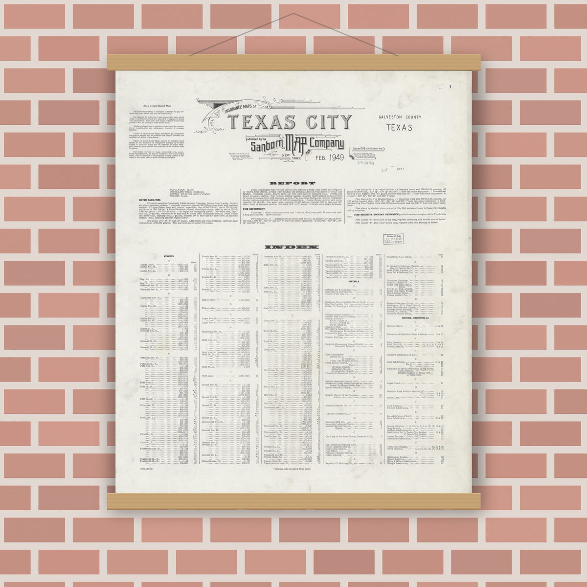 Old map wall art mockup — magnetic wood frame on brick wall — Sanborn Fire Insurance Map from Texas City, Galveston County, Texas (1949), Sheet #0001