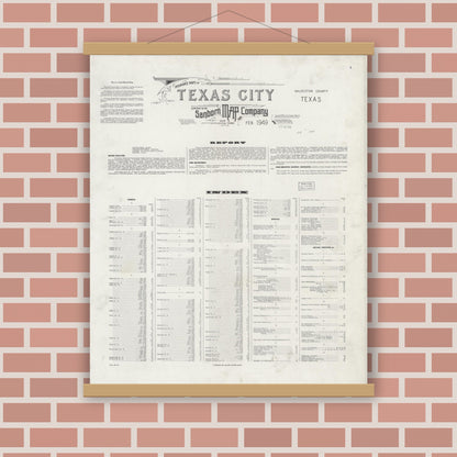 Old map wall art mockup — magnetic wood frame on brick wall — Sanborn Fire Insurance Map from Texas City, Galveston County, Texas (1949), Sheet #0001
