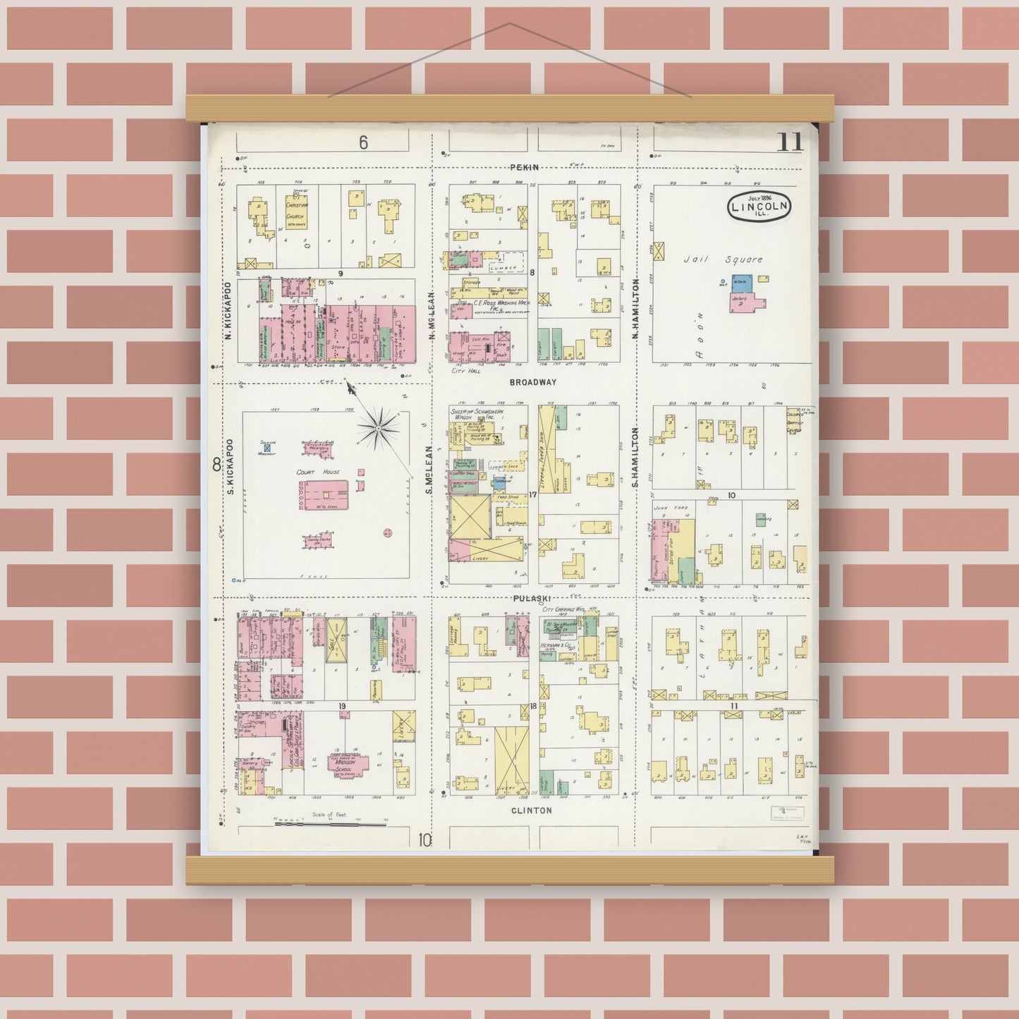 Old map wall art mockup — magnetic wood frame on brick wall — Sanborn Fire Insurance Map from Lincoln, Logan County, Illinois (1896), Sheet #0011