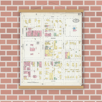 Old map wall art mockup — magnetic wood frame on brick wall — Sanborn Fire Insurance Map from Lincoln, Logan County, Illinois (1896), Sheet #0011