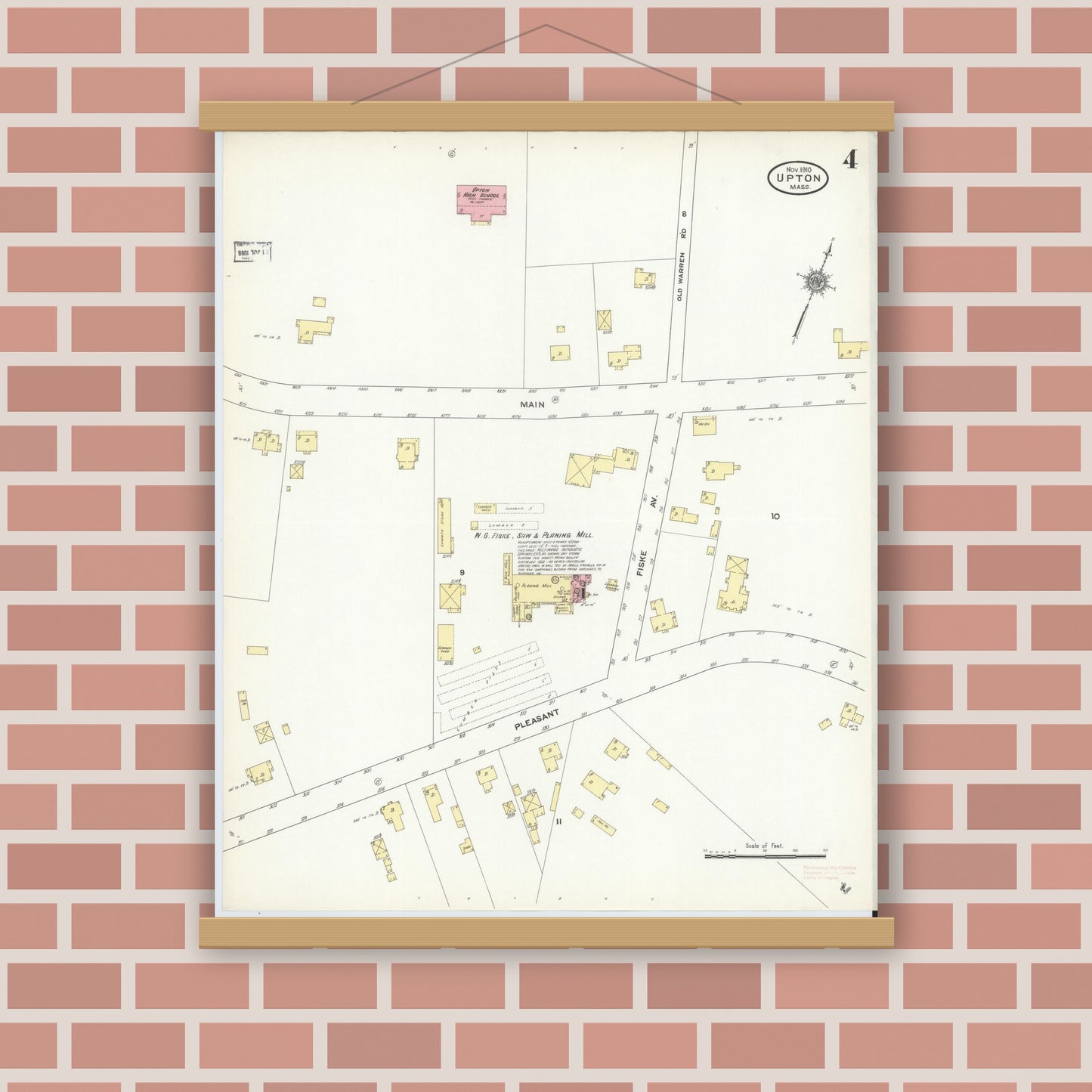 Old map wall art mockup — magnetic wood frame on brick wall — Sanborn Fire Insurance Map from Upton, Worcester County, Massachusetts (1910), Sheet #0004