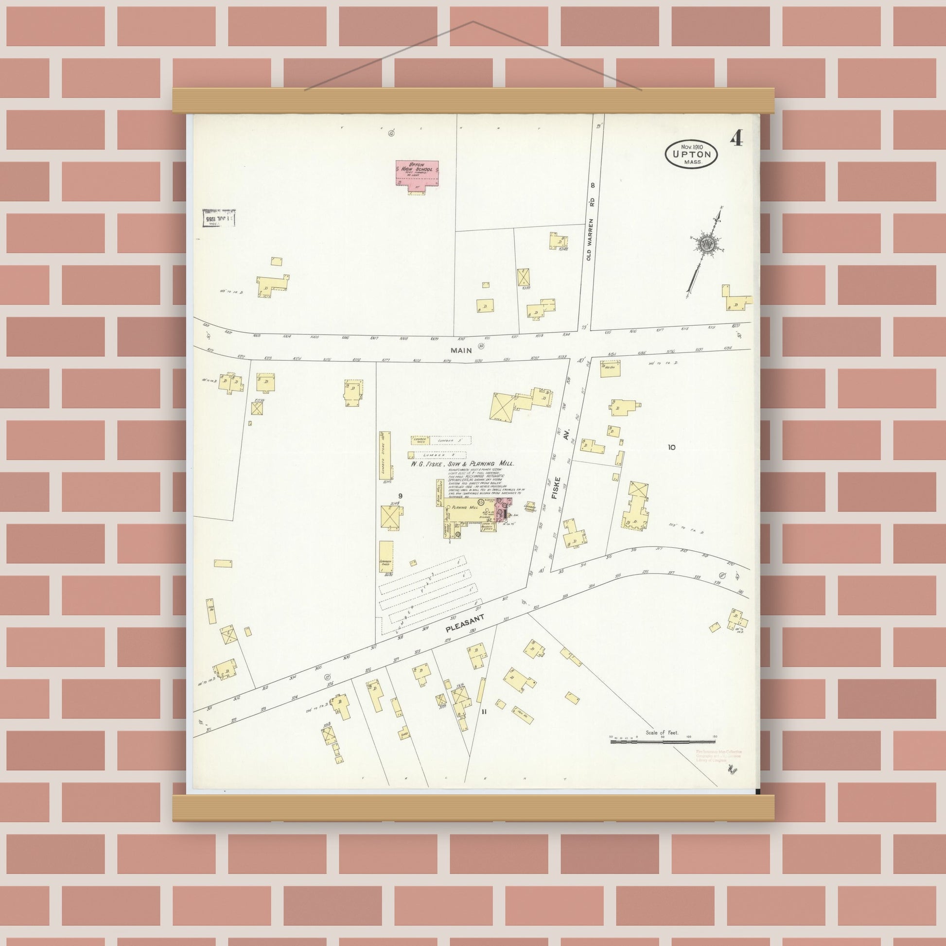 Old map wall art mockup — magnetic wood frame on brick wall — Sanborn Fire Insurance Map from Upton, Worcester County, Massachusetts (1910), Sheet #0004