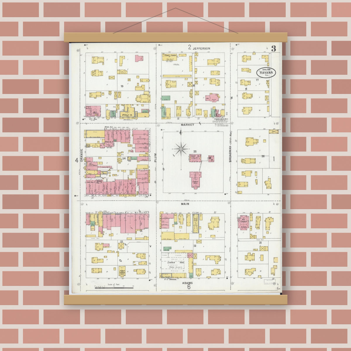 Old map wall art mockup — magnetic wood frame on brick wall — Sanborn Fire Insurance Map from Havana, Mason County, Illinois (1899), Sheet #0003