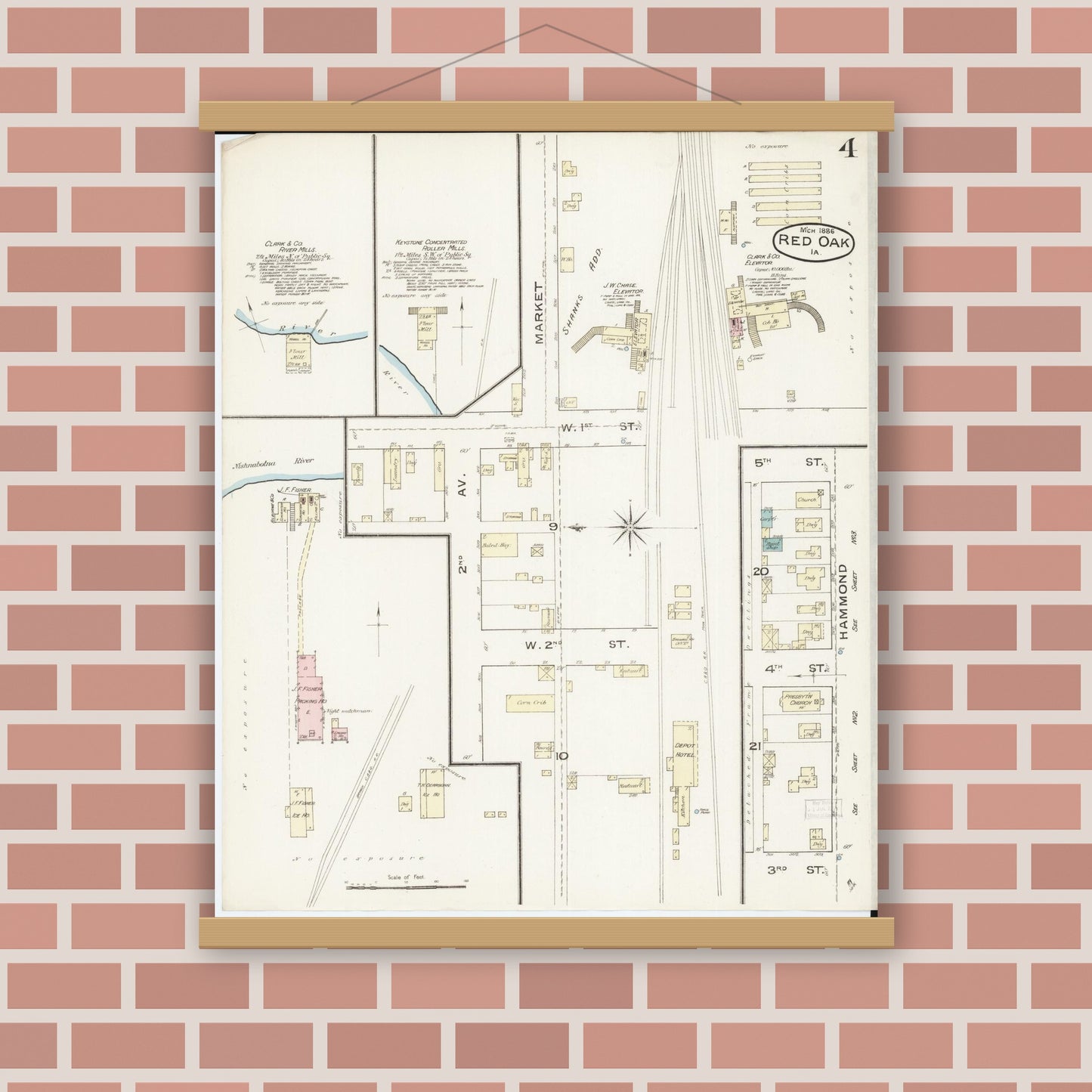 Old map wall art mockup — magnetic wood frame on brick wall — Sanborn Fire Insurance Map from Red Oak, Montgomery County, Iowa (1886), Sheet #0004