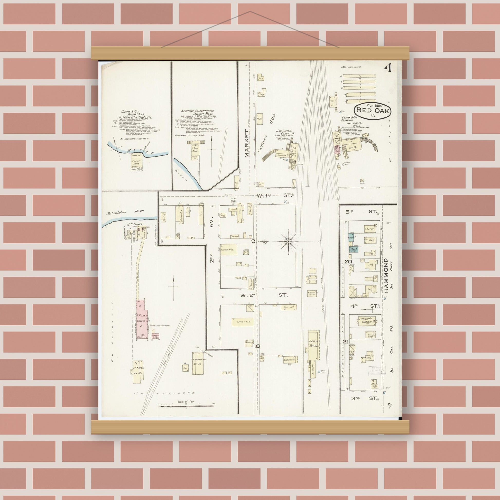 Old map wall art mockup — magnetic wood frame on brick wall — Sanborn Fire Insurance Map from Red Oak, Montgomery County, Iowa (1886), Sheet #0004