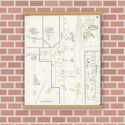 Old map wall art mockup — magnetic wood frame on brick wall — Sanborn Fire Insurance Map from Red Oak, Montgomery County, Iowa (1886), Sheet #0004
