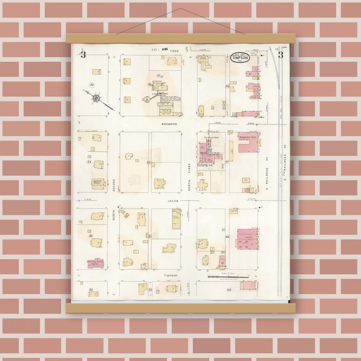Old map wall art mockup — magnetic wood frame on brick wall — Sanborn Fire Insurance Map from Timpson, Shelby County, Texas (1941), Sheet #0003
