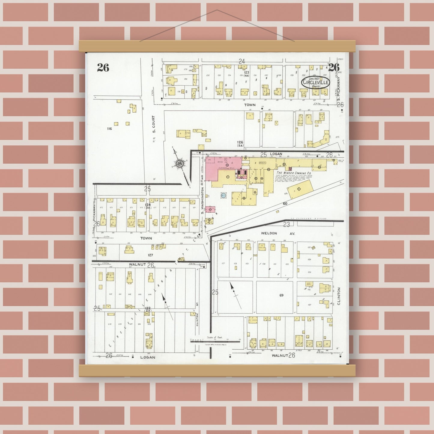Old map wall art mockup — magnetic wood frame on brick wall — Sanborn Fire Insurance Map from Circleville, Pickaway County, Ohio (1927), Sheet #0026