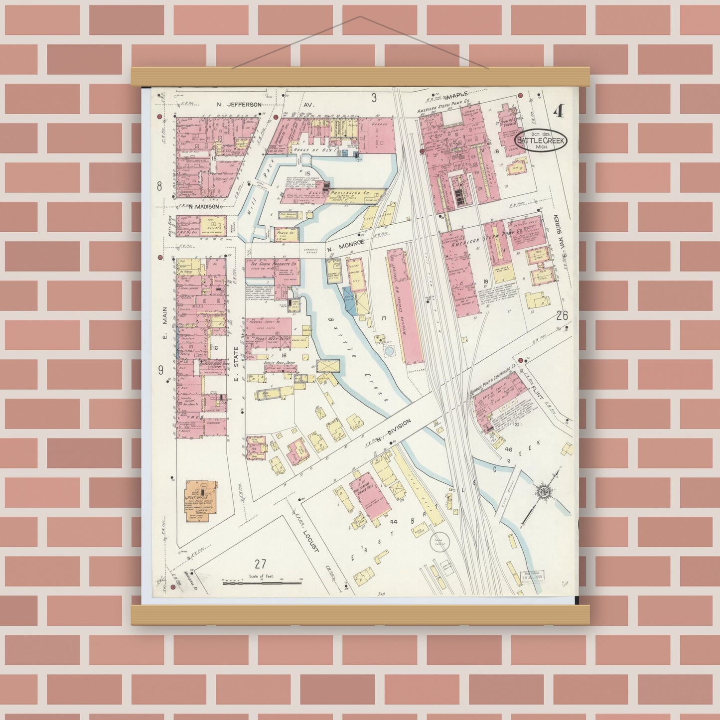 Old map wall art mockup — magnetic wood frame on brick wall — Sanborn Fire Insurance Map from Battle Creek, Calhoun County, Michigan (1913), Sheet #0004