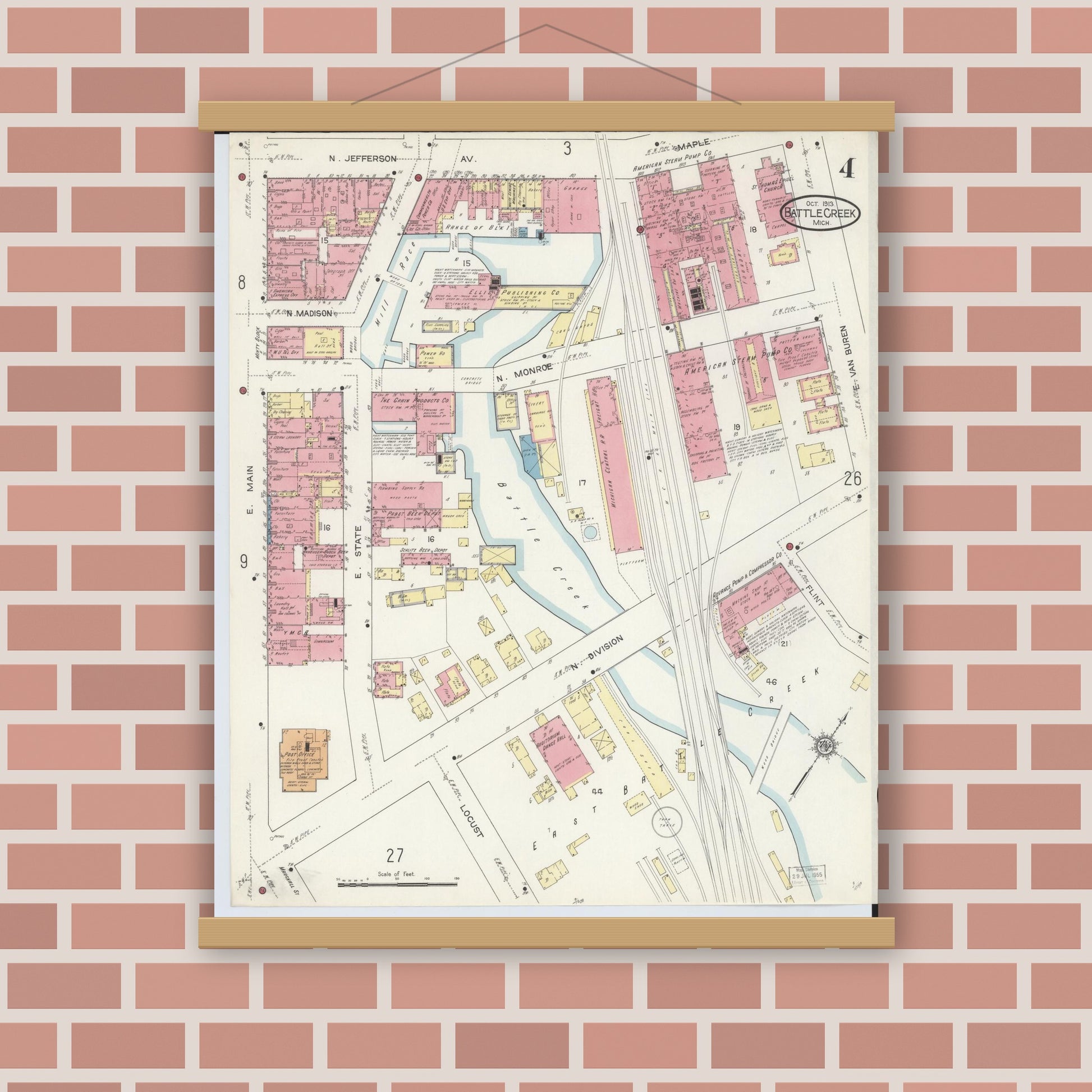 Old map wall art mockup — magnetic wood frame on brick wall — Sanborn Fire Insurance Map from Battle Creek, Calhoun County, Michigan (1913), Sheet #0004