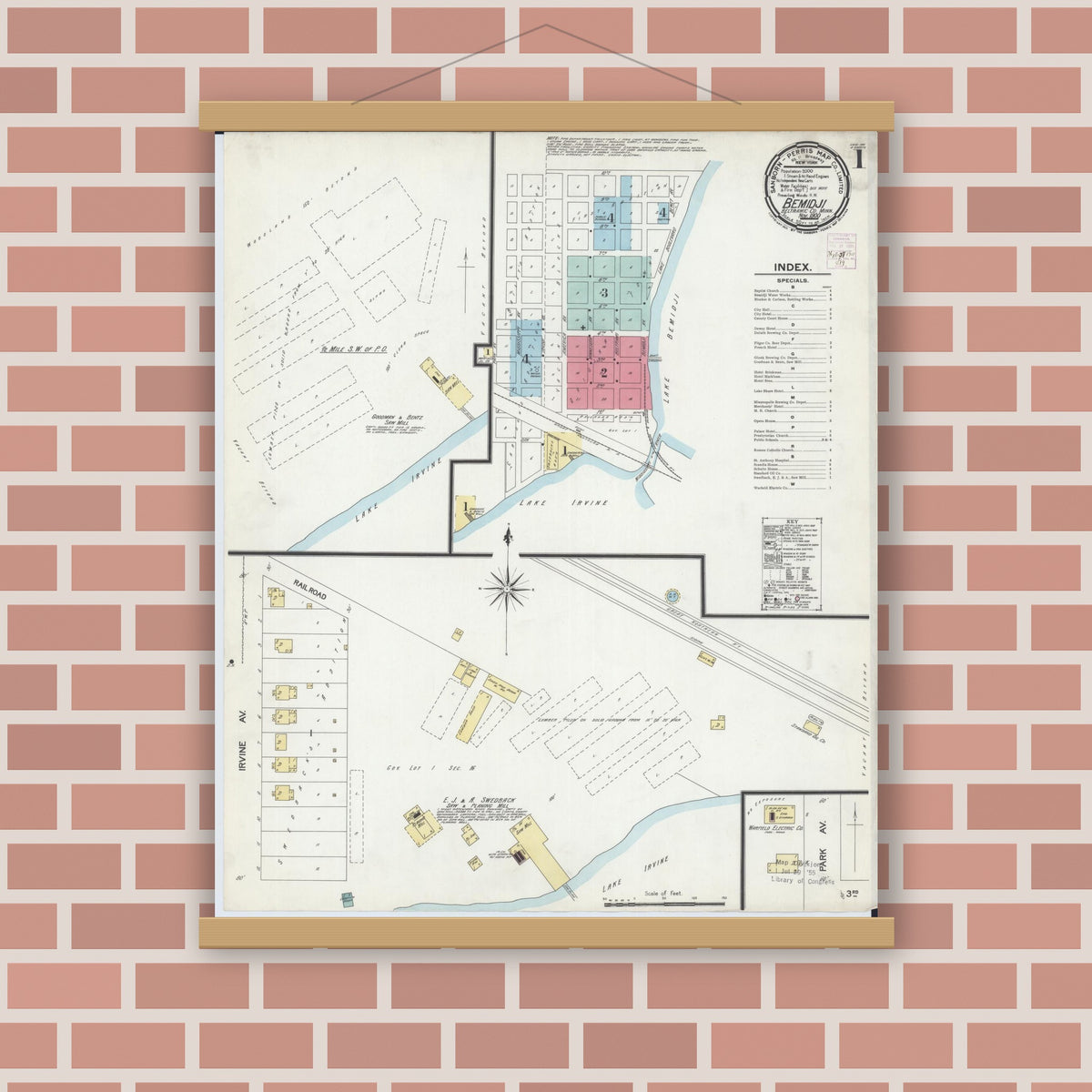 Old map wall art mockup — magnetic wood frame on brick wall — Sanborn Fire Insurance Map from Bemidji, Beltrami County, Minnesota (1900) - Complete Map Set
