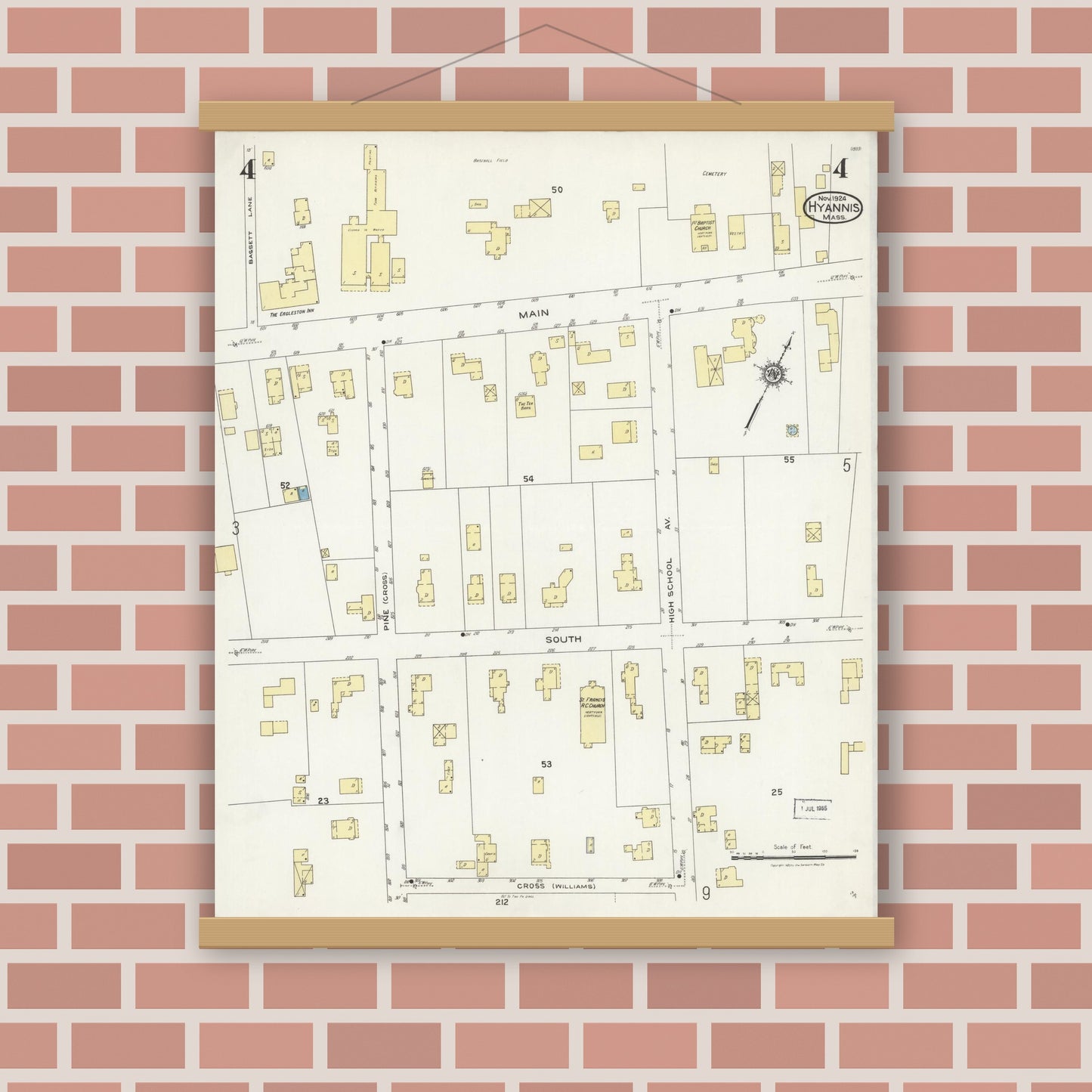 Old map wall art mockup — magnetic wood frame on brick wall — Sanborn Fire Insurance Map from Hyannis, Barnstable County, Massachusetts (1924), Sheet #0004