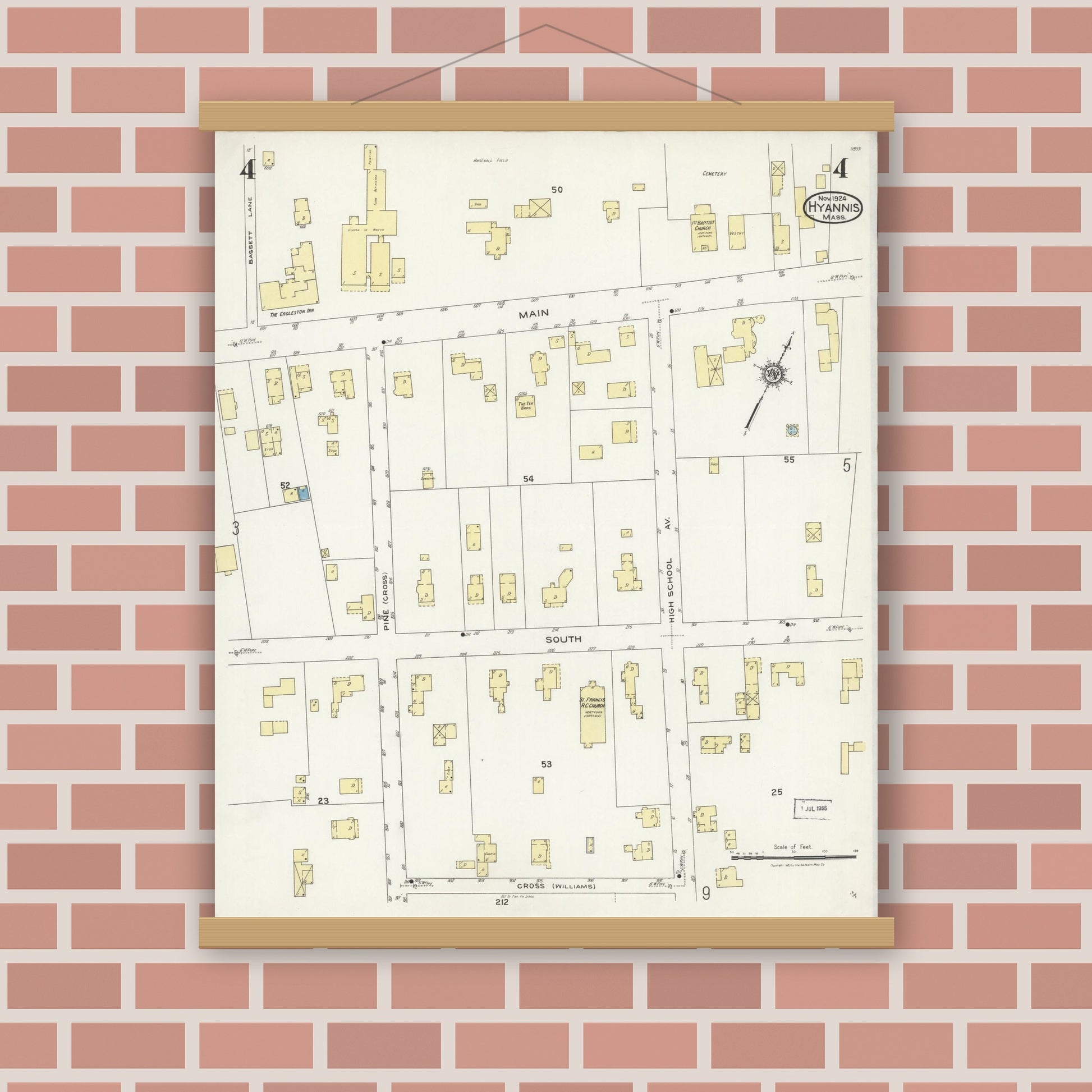 Old map wall art mockup — magnetic wood frame on brick wall — Sanborn Fire Insurance Map from Hyannis, Barnstable County, Massachusetts (1924), Sheet #0004