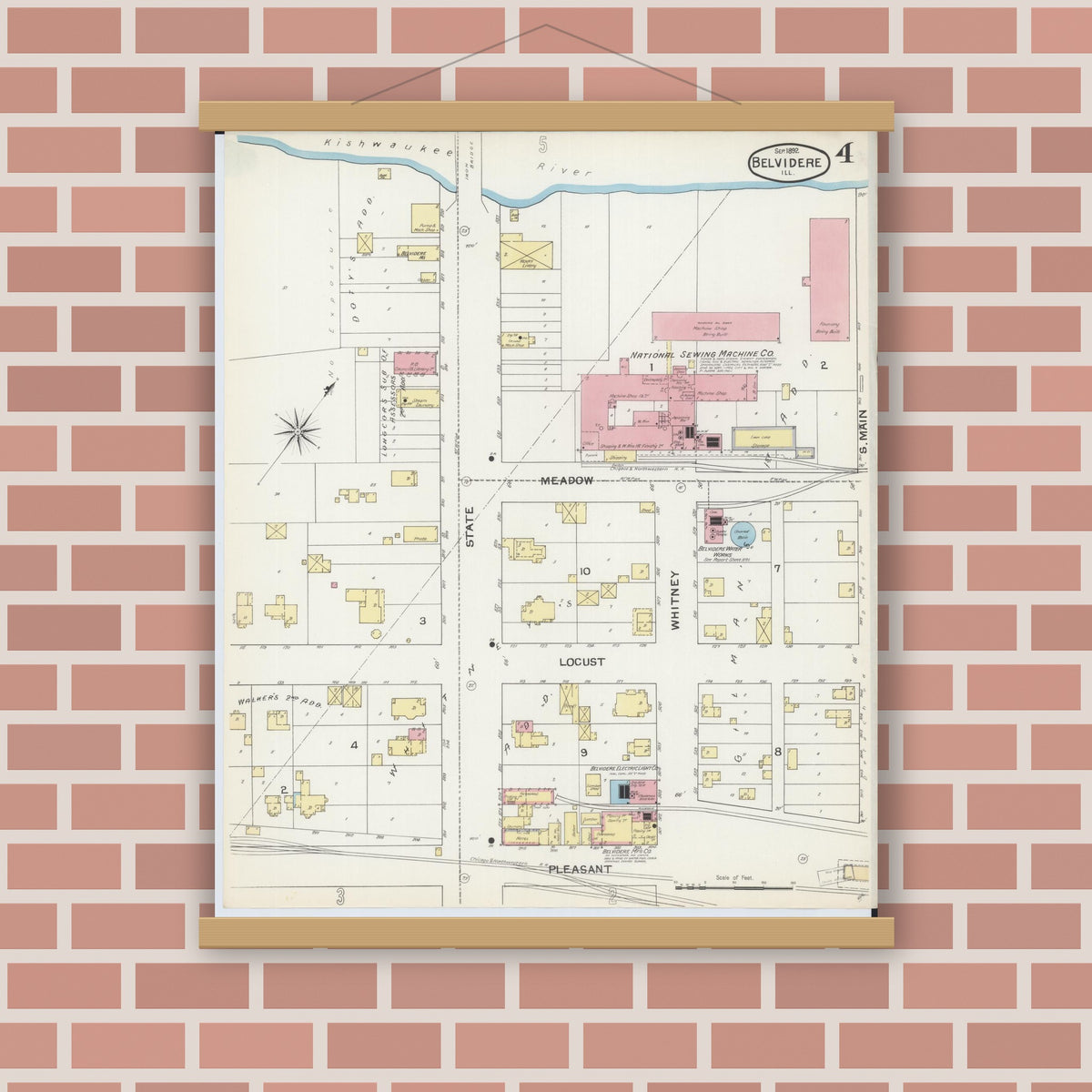 Old map wall art mockup — magnetic wood frame on brick wall — Sanborn Fire Insurance Map from Belvidere, Boone County, Illinois (1892), Sheet #0004