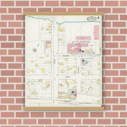 Old map wall art mockup — magnetic wood frame on brick wall — Sanborn Fire Insurance Map from Belvidere, Boone County, Illinois (1892), Sheet #0004