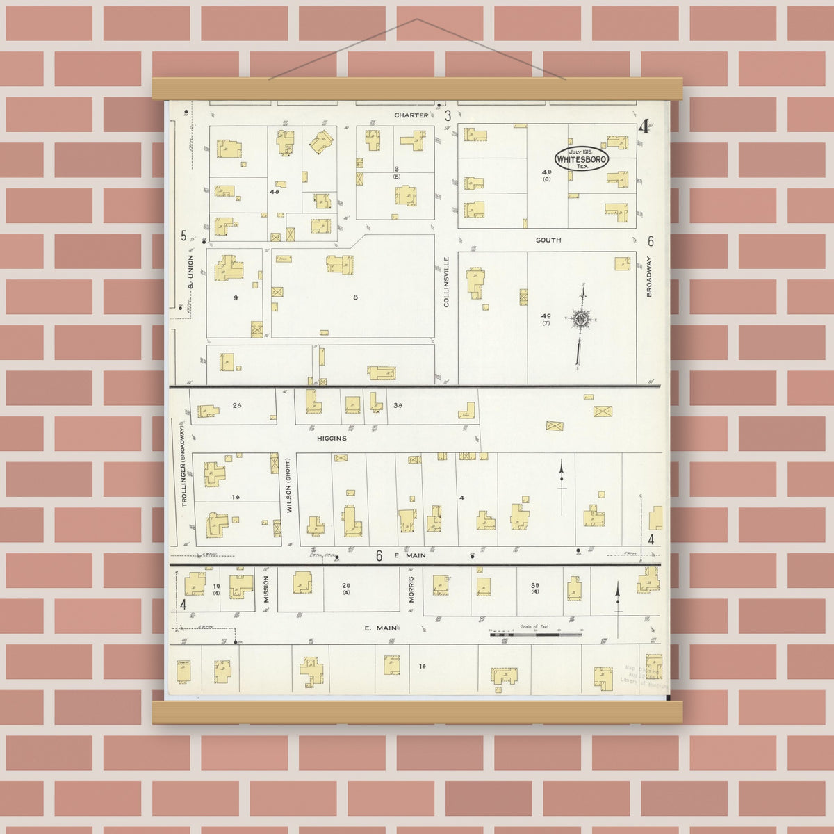 Old map wall art mockup — magnetic wood frame on brick wall — Sanborn Fire Insurance Map from Whitesboro, Grayson County, Texas (1915), Sheet #0004
