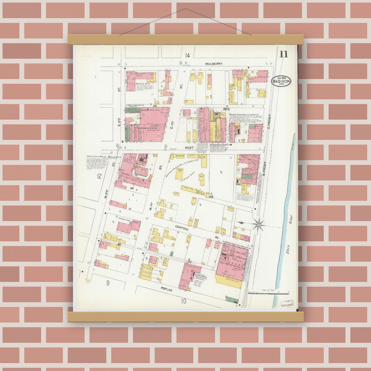 Old map wall art mockup — magnetic wood frame on brick wall — Sanborn Fire Insurance Map from Madison, Jefferson County, Indiana (1904), Sheet #0011