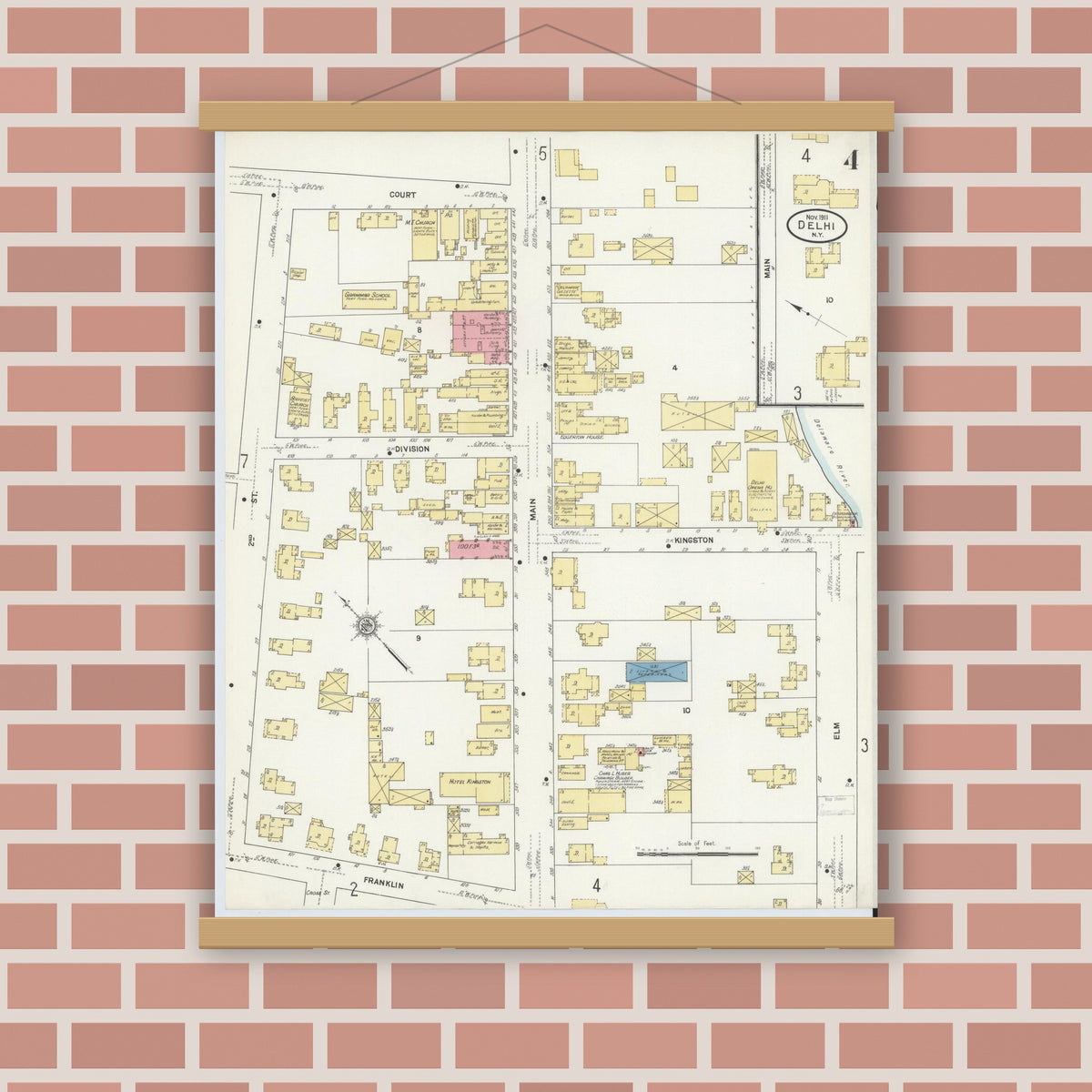 Old map wall art mockup — magnetic wood frame on brick wall — Sanborn Fire Insurance Map from Delhi, Delaware County, New York (1911), Sheet #0004