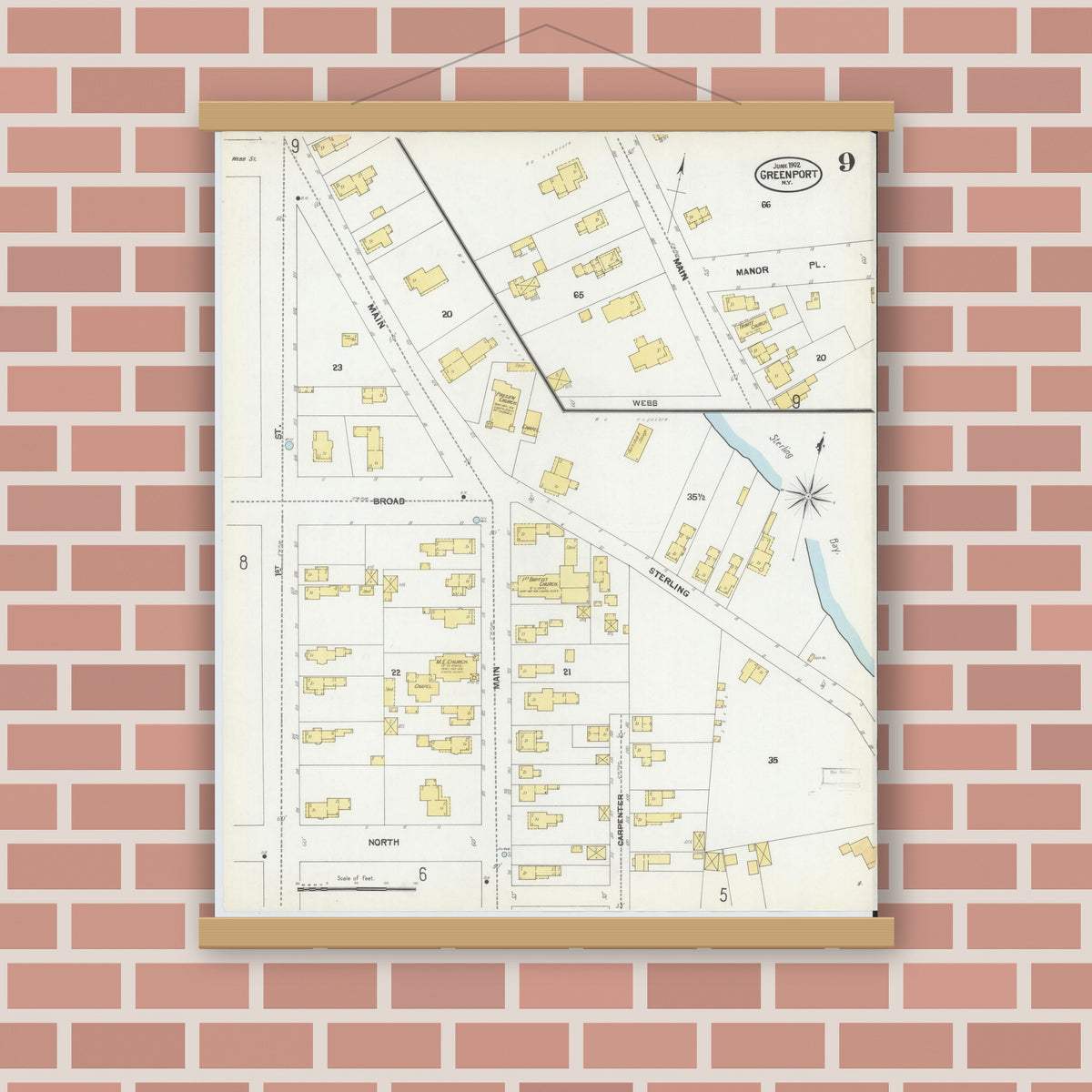 Old map wall art mockup — magnetic wood frame on brick wall — Sanborn Fire Insurance Map from Greenport, Suffolk County, New York (1902), Sheet #0009