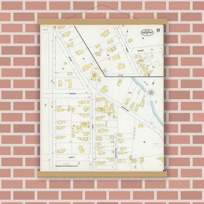 Old map wall art mockup — magnetic wood frame on brick wall — Sanborn Fire Insurance Map from Greenport, Suffolk County, New York (1902), Sheet #0009