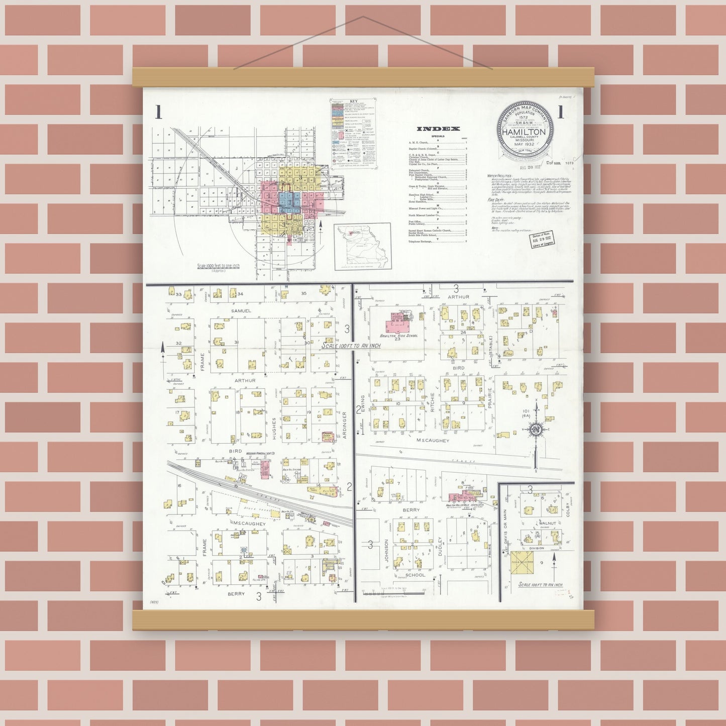 Old map wall art mockup — magnetic wood frame on brick wall — Sanborn Fire Insurance Map from Hamilton, Caldwell County, Missouri (1932) - Complete Map Set