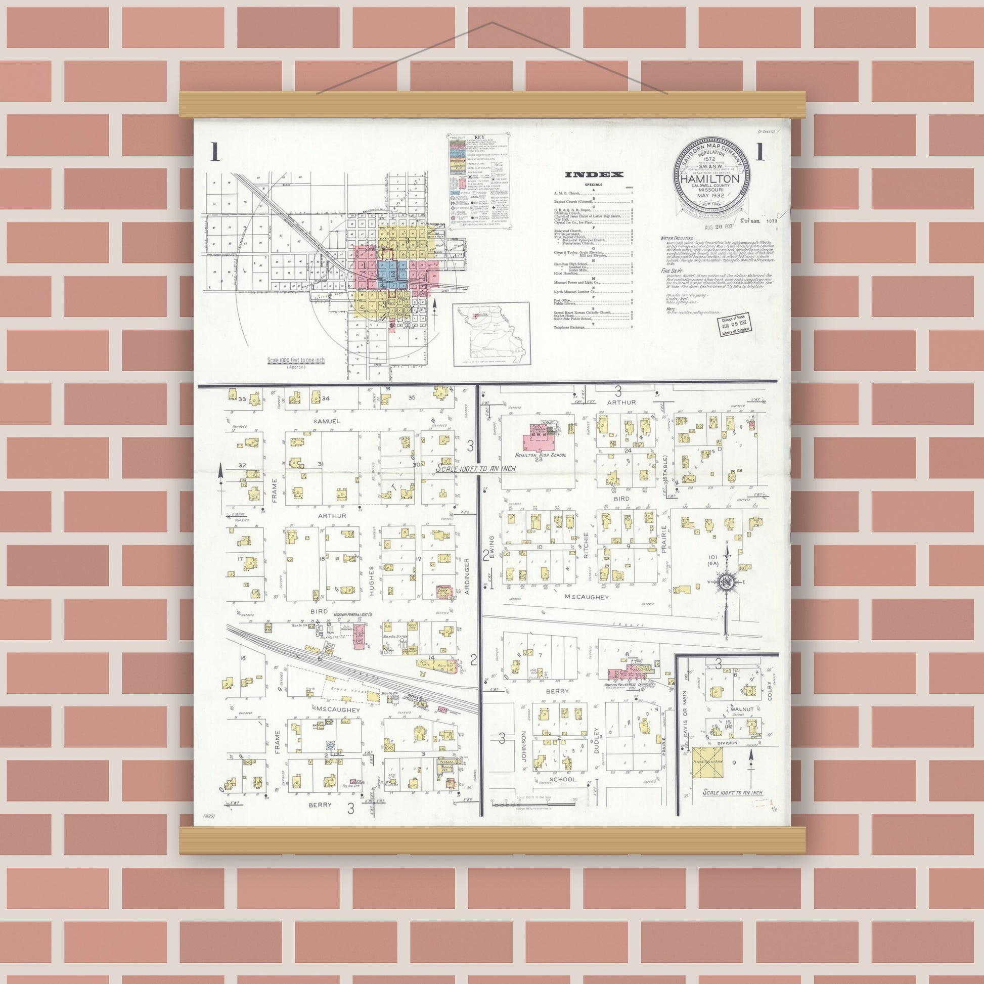 Old map wall art mockup — magnetic wood frame on brick wall — Sanborn Fire Insurance Map from Hamilton, Caldwell County, Missouri (1932) - Complete Map Set