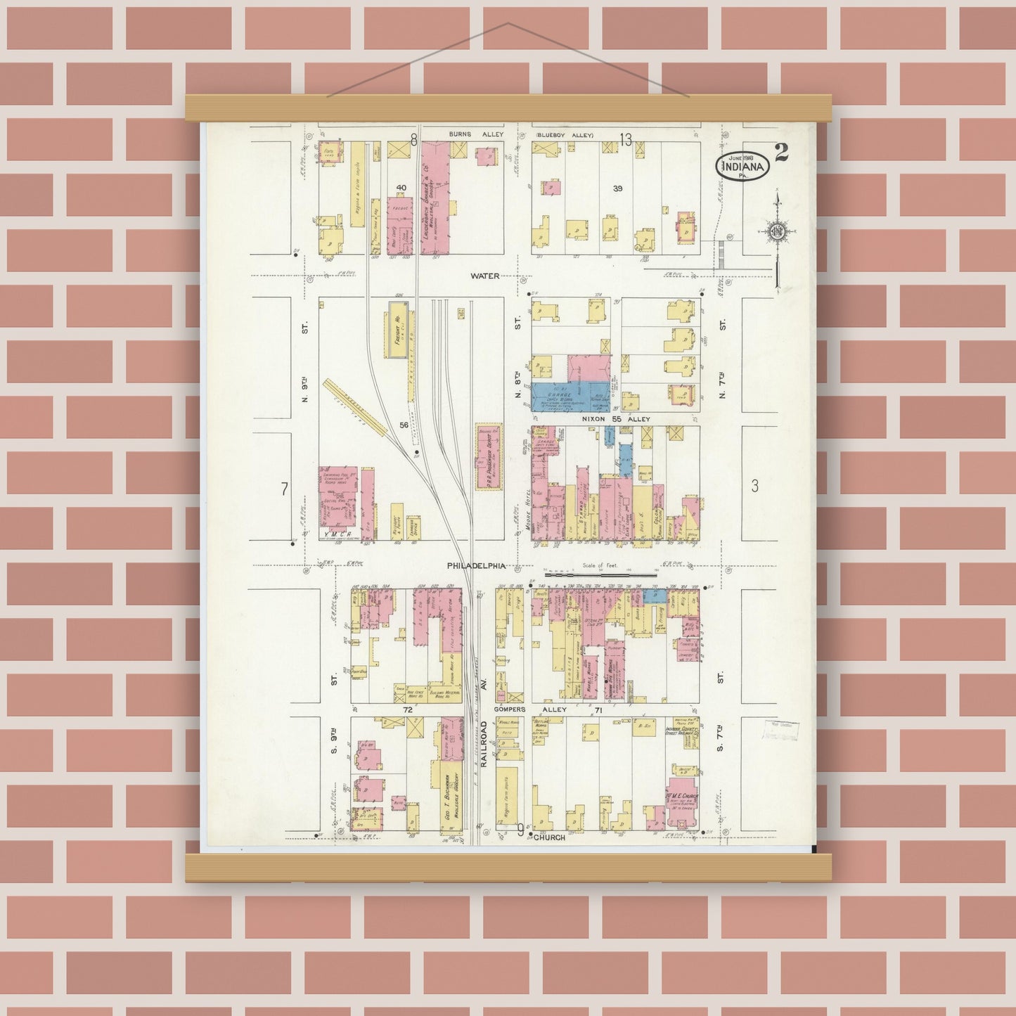 Old map wall art mockup — magnetic wood frame on brick wall — Sanborn Fire Insurance Map from Indiana, Indiana County, Pennsylvania (1916), Sheet #0002
