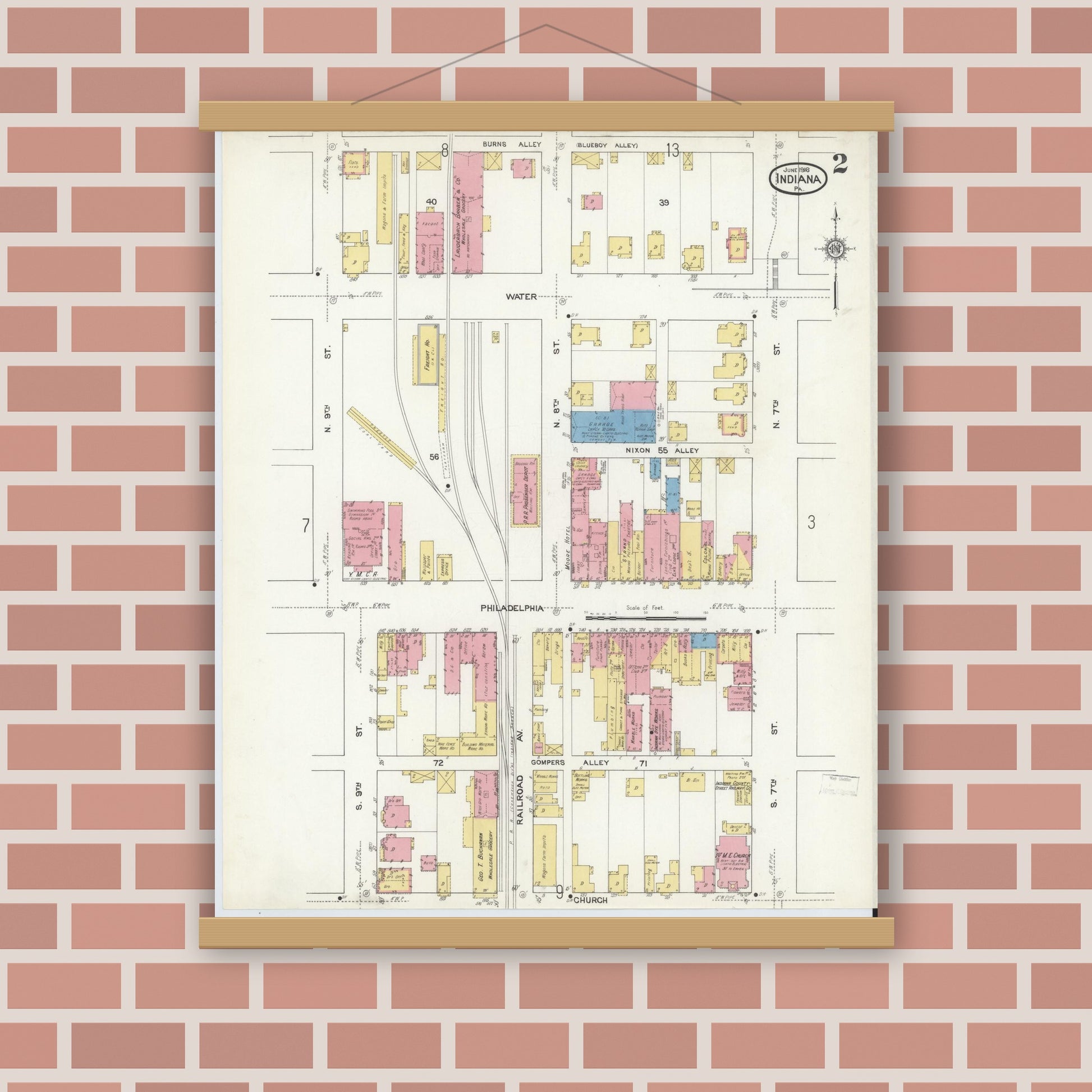 Old map wall art mockup — magnetic wood frame on brick wall — Sanborn Fire Insurance Map from Indiana, Indiana County, Pennsylvania (1916), Sheet #0002