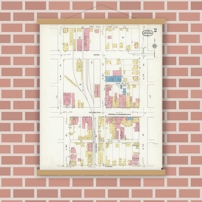 Old map wall art mockup — magnetic wood frame on brick wall — Sanborn Fire Insurance Map from Indiana, Indiana County, Pennsylvania (1916), Sheet #0002