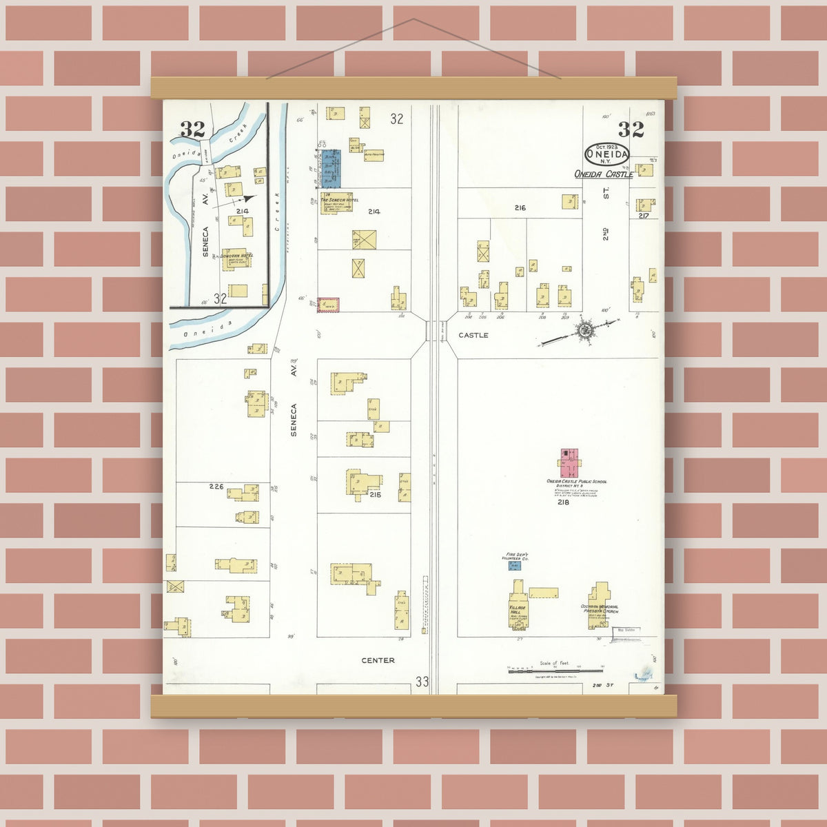 Old map wall art mockup — magnetic wood frame on brick wall — Sanborn Fire Insurance Map from Oneida, Madison County, New York (1923), Sheet #0032