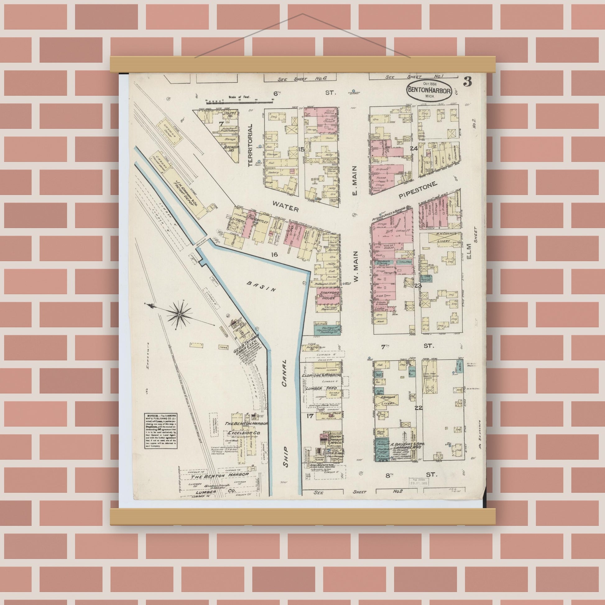 Old map wall art mockup — magnetic wood frame on brick wall — Sanborn Fire Insurance Map from Benton Harbor, Berrien County, Michigan (1884), Sheet #0003
